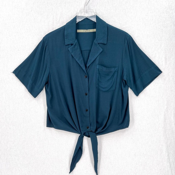 ENZA COSTA Shirt Womens Medium Teal Short Sleeve Tie Front Button Up Cropped NEW - Picture 1 of 15